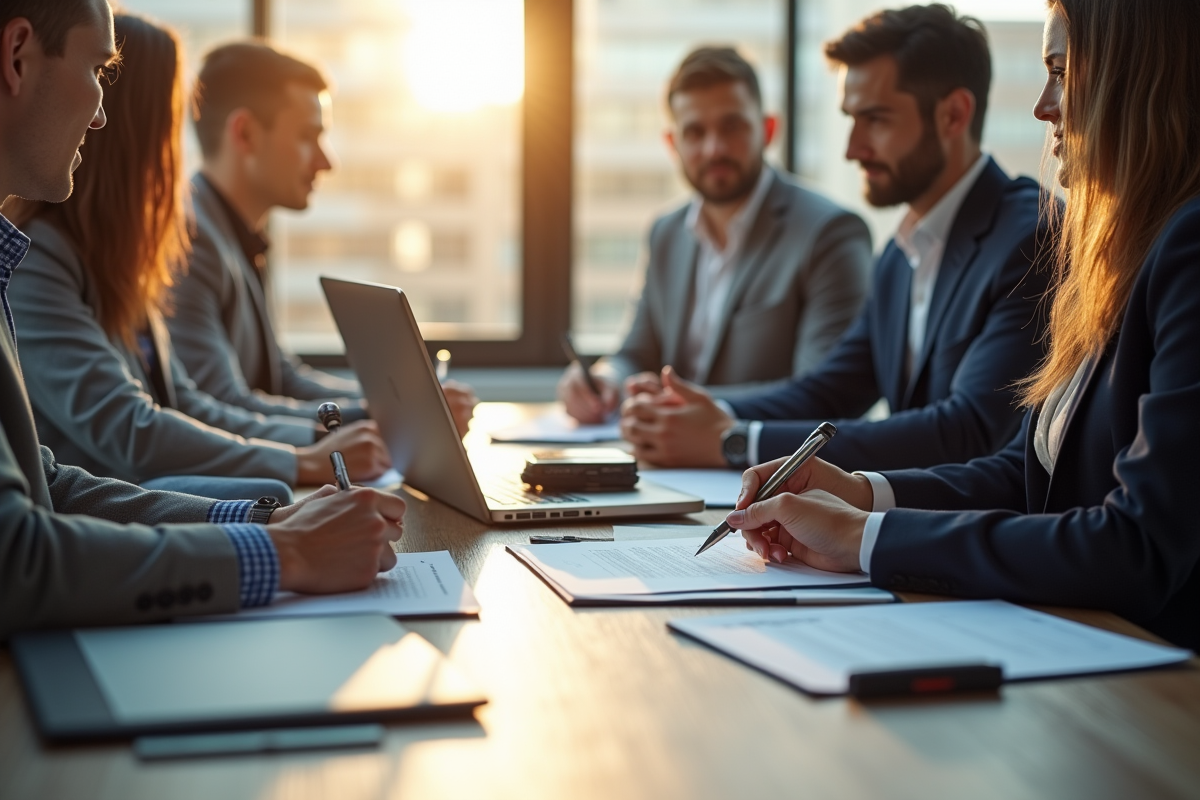 Professionnels signant un contrat dans un bureau lumineux