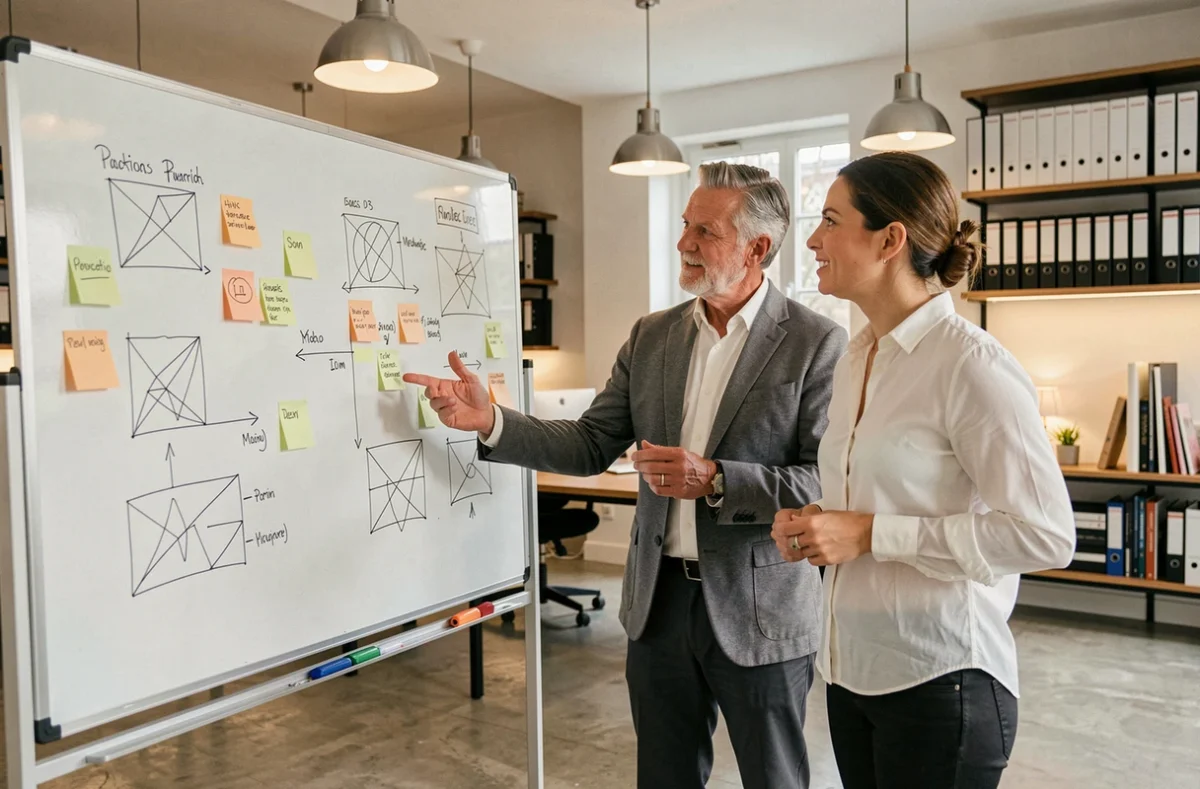 Deux consultants de l'agence SIITEO devant un tableau blanc de planification stratégique dans un studio de création moderne
