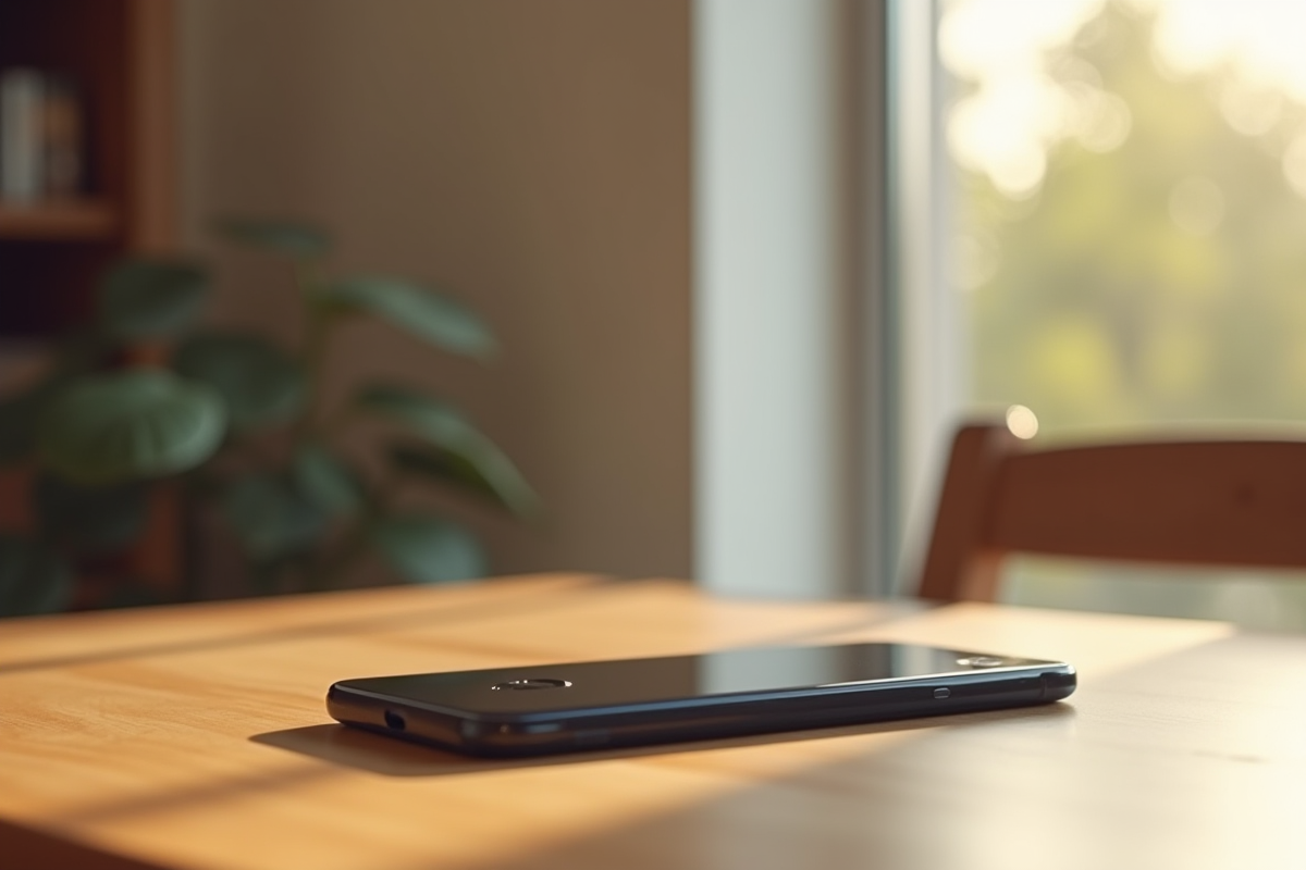 Smartphone emblématique sur table en intérieur lumineux