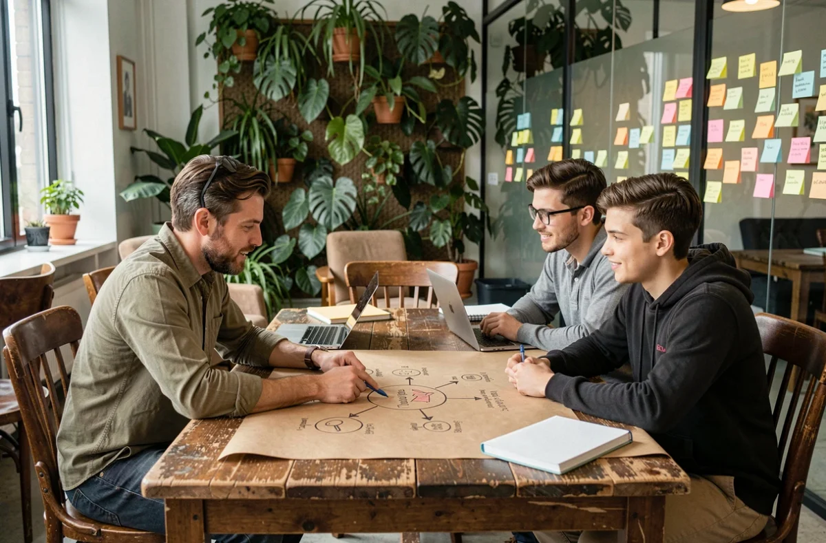 Consultant et deux jeunes entrepreneurs PME collaborant autour d'un diagramme de stratégie à impact dessiné à la main dans un espace de coworking