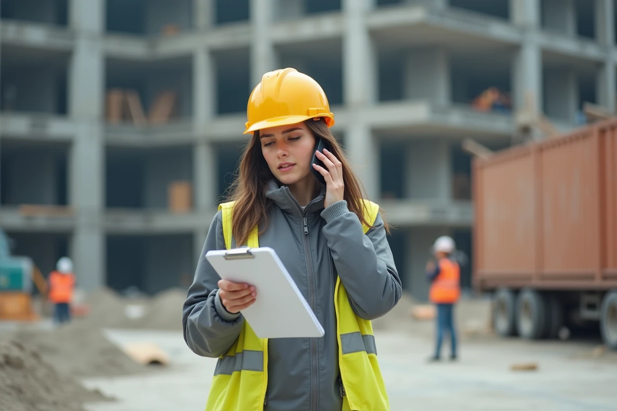 Jeune femme superviseure sur site parlant au téléphone