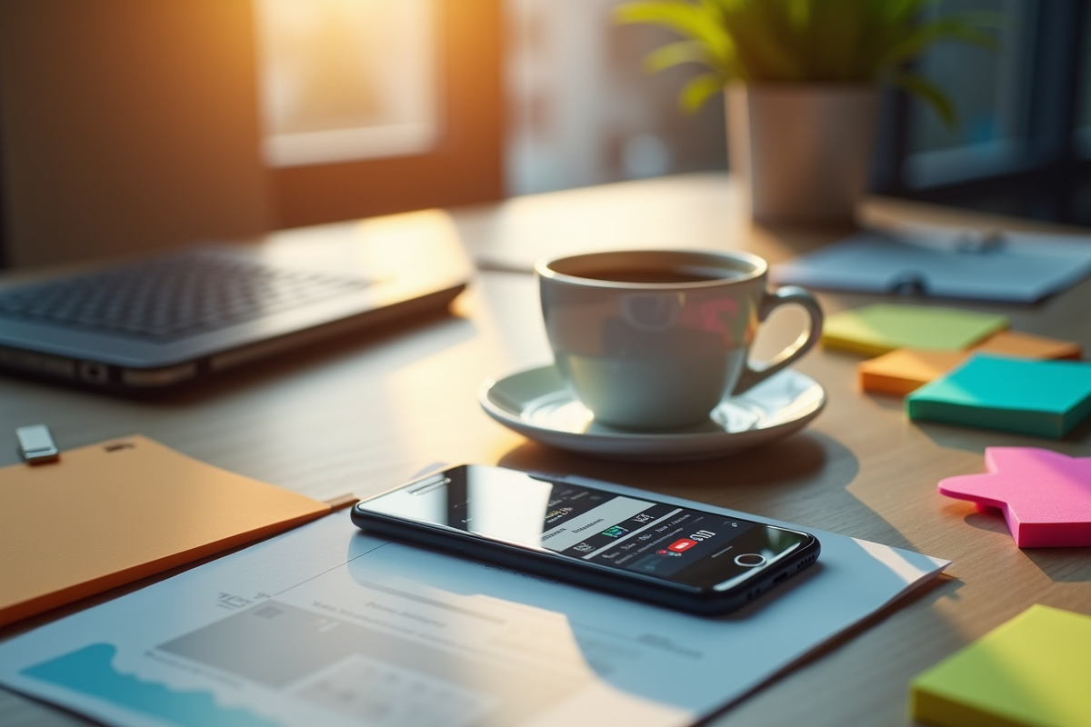 Espace de travail créatif avec smartphone campagne social media et café