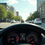 Tableau de bord de voiture à un feu en ville