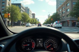 Tableau de bord de voiture à un feu en ville