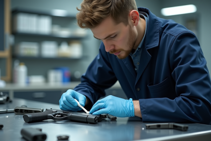 Jeune technicien forensique nettoyant une arme à feu