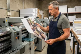 Technicien d'une imprimerie parisienne du 17e arrondissement inspectant une affiche imprimée dans un atelier professionnel