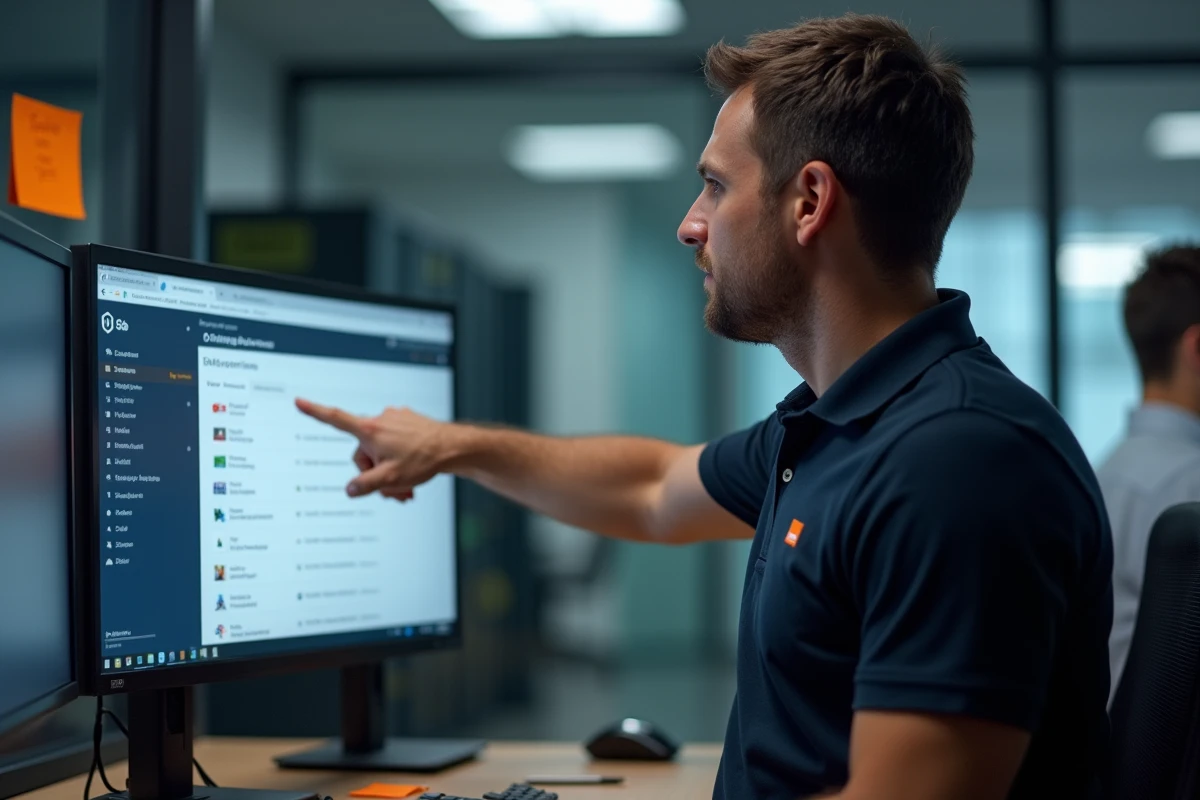 Technicien support client Orange Entreprise gérant des tickets d'accès sur interface de gestion professionnelle