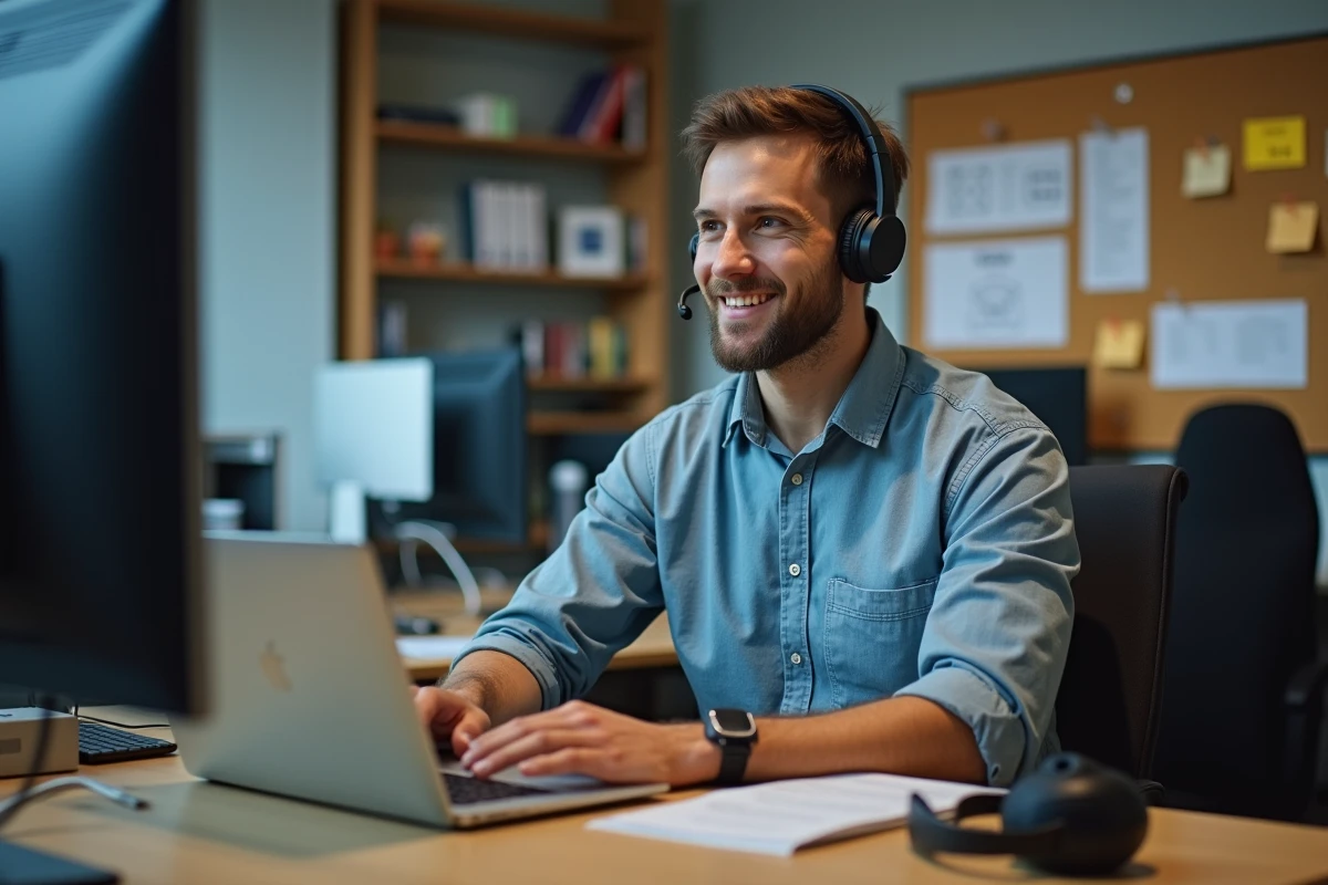 Technicien support informatique répondant à un ticket par email depuis un poste de travail dédié au helpdesk