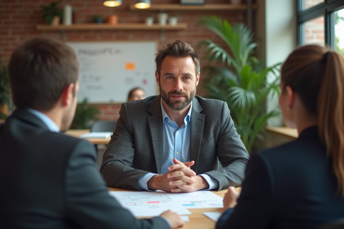 Professionnel en blazer gris animant un atelier collaboratif dans un espace de coworking avec tableau blanc et collègues