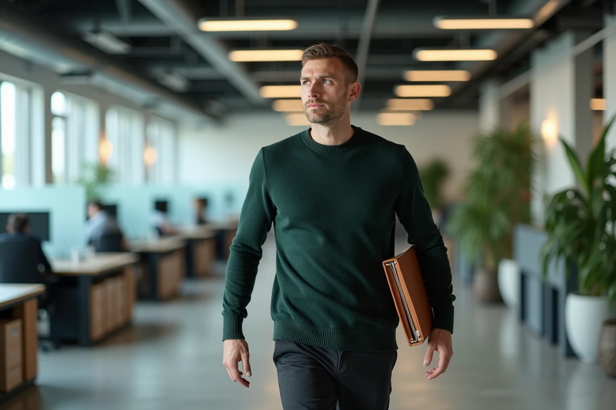 Cadre dirigeant en pull vert traversant un open space moderne avec un carnet en cuir sous le bras, regard déterminé