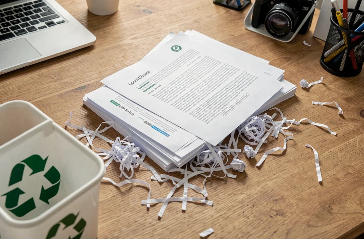 Documents papier triés pour le recyclage et la destruction sécurisée posés sur un bureau de bureau à domicile