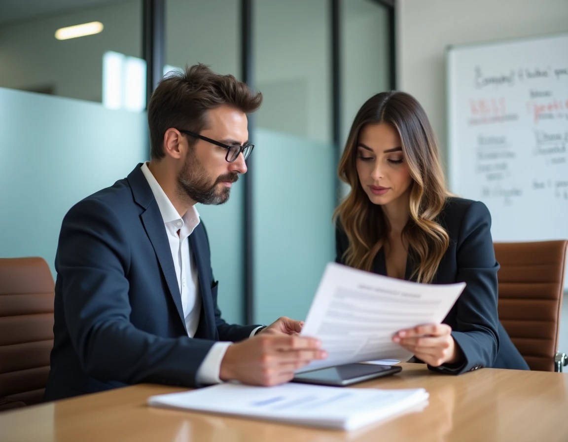Deux professionnels vérifiant un extrait KBIS et des informations société avant de signer un contrat commercial