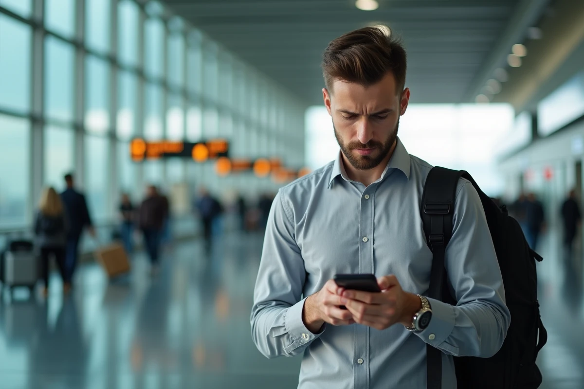 Homme vérifiant son compte GPnet Air France sur smartphone dans un terminal d'aéroport avec une expression inquiète