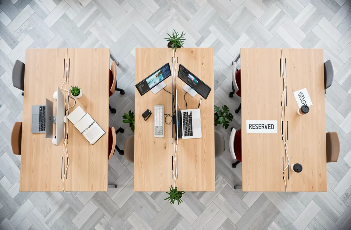 Vue aérienne de bureaux partagés dans un espace de coworking à La Ciotat avec différentes formules