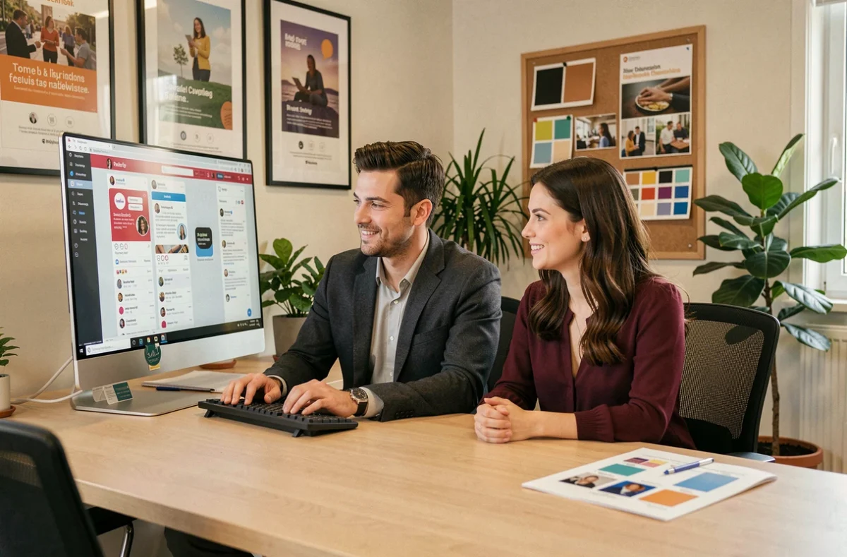 Équipe de Webign Agency collaborant sur une campagne de communication digitale avec maquettes réseaux sociaux et charte graphique