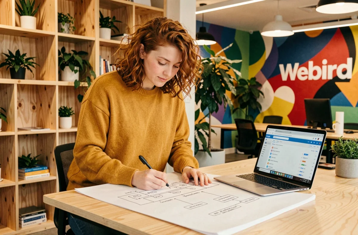 Designer digitale de Webird esquissant une maquette de site web dans un espace de coworking créatif à Nantes