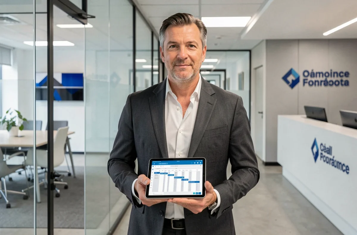 Chef de projet digital de l'agence Xaltis présentant un calendrier de projet sur tablette dans un couloir de bureau professionnel